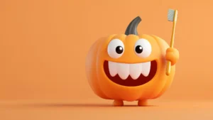 Halloween pumpkin character with teeth promoting tooth-friendly dental care during Halloween