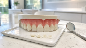 A dental model with healthy gums sits beside four porcelain veneers prepared for cosmetic planning.
